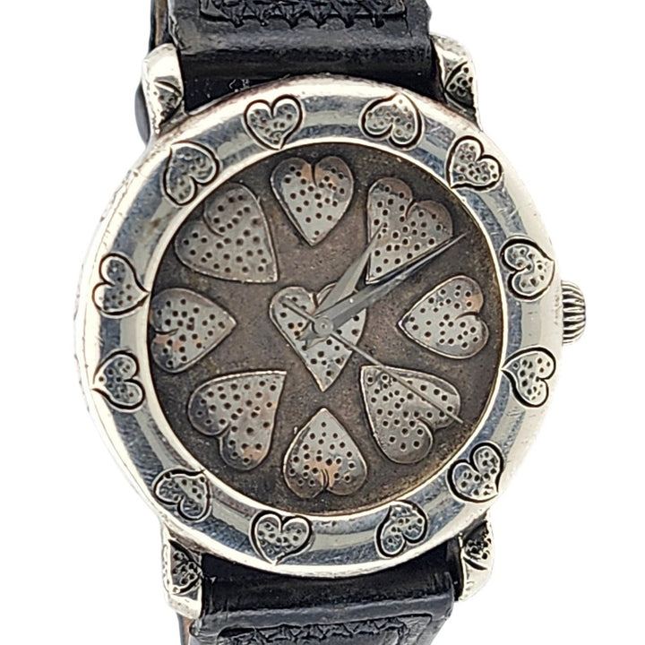 John Hardy Sterling Silver Heart Pattern Black Leather Quartz Watch