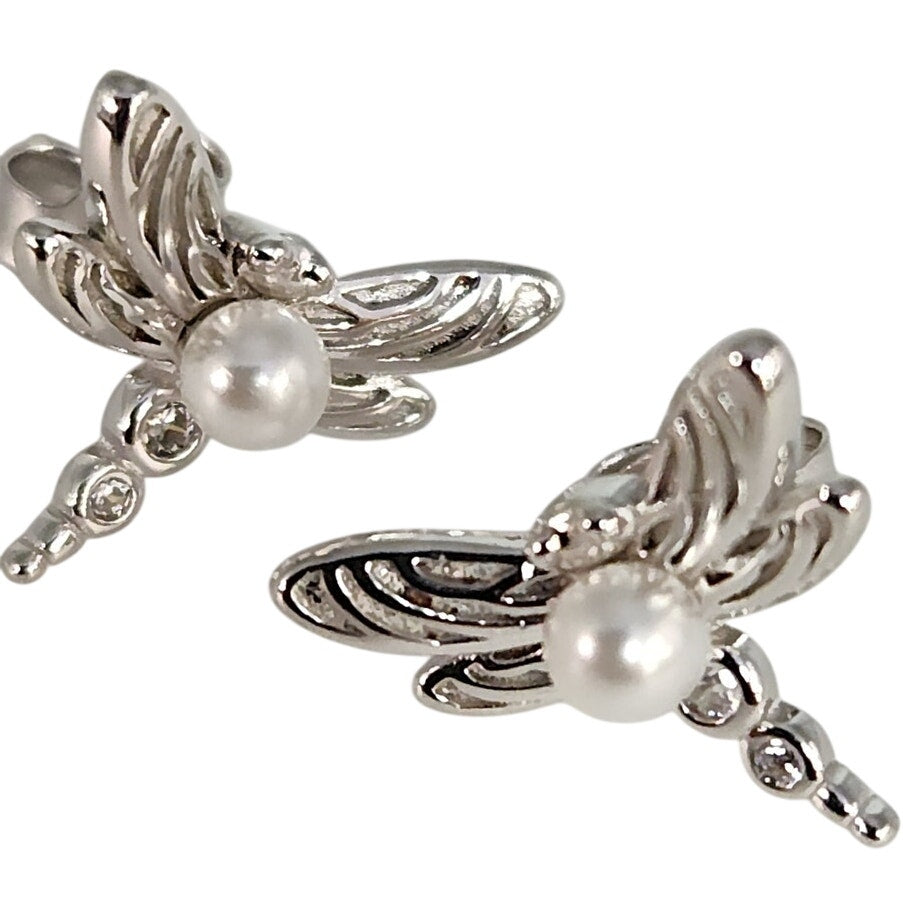 925 Sterling Silver Dragonfly Pearl stud earrings nature inspired vintage style