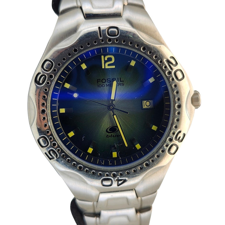 Fossil Blue AM-3520 Men's Stainless Steel 100M Quartz Watch Blue Dial