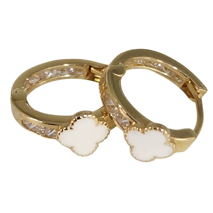14k Yellow Gold Mother Of Pearl Clover Hoop Earrings With Zirconia Accents