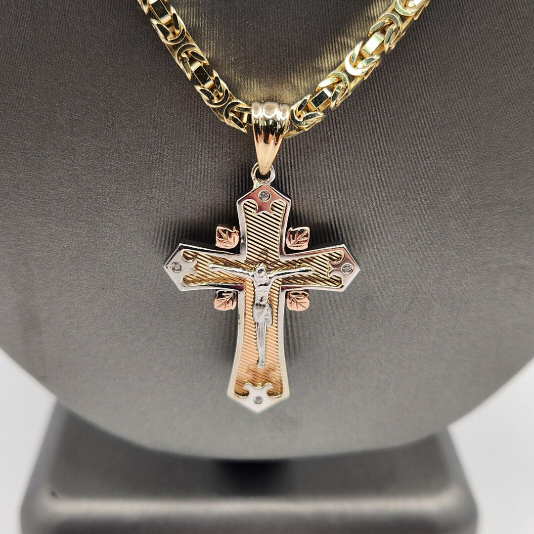 14k Yellow Gold Two Tone Cross Pendant Solid Turkish Chain Necklace 21"