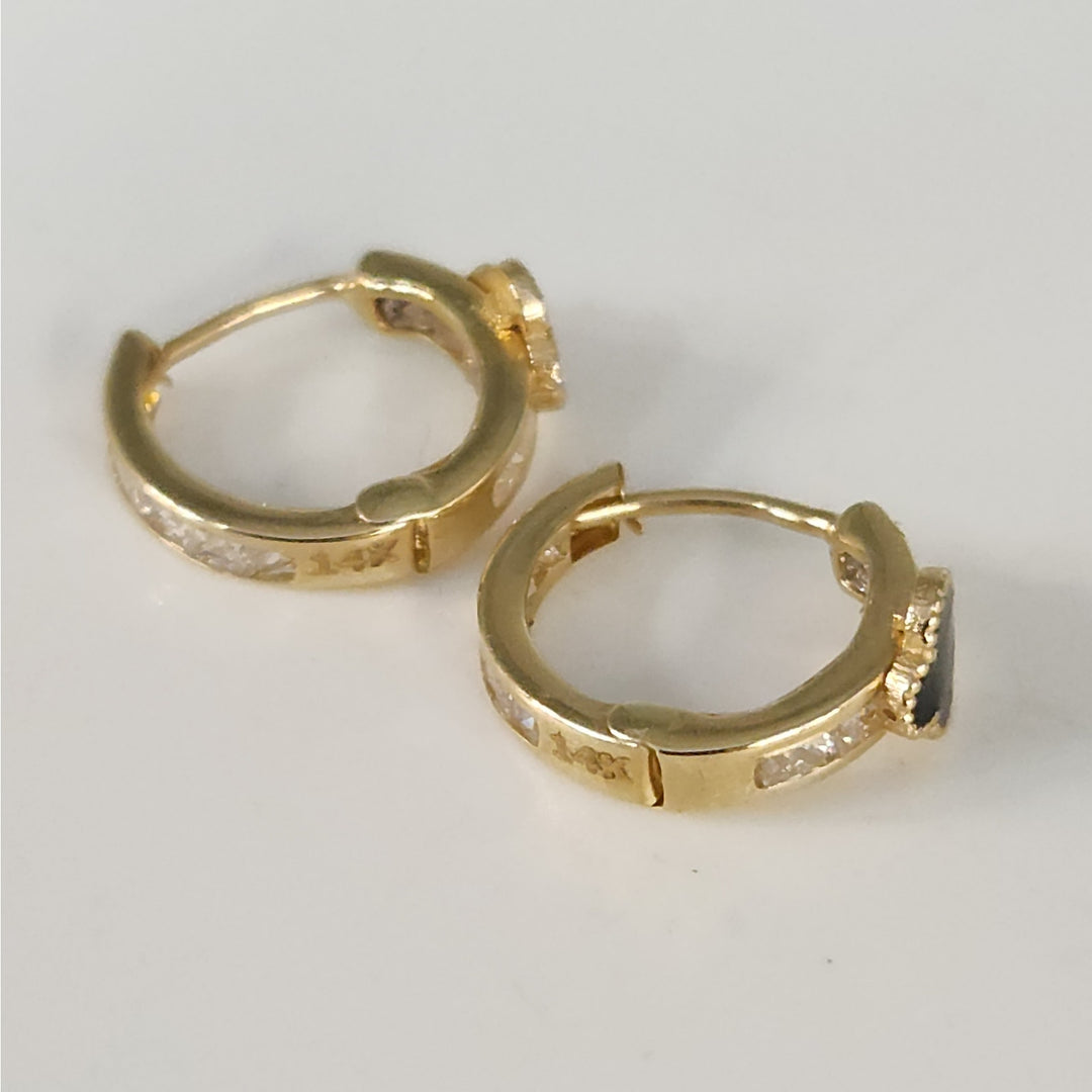 14k Yellow Gold Onyx Clover Hoop Earrings With Zirconia Accents