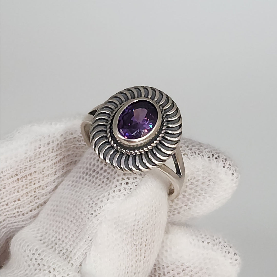 925 Sterling Silver Amethyst Oval -cut Vintage Style Ring