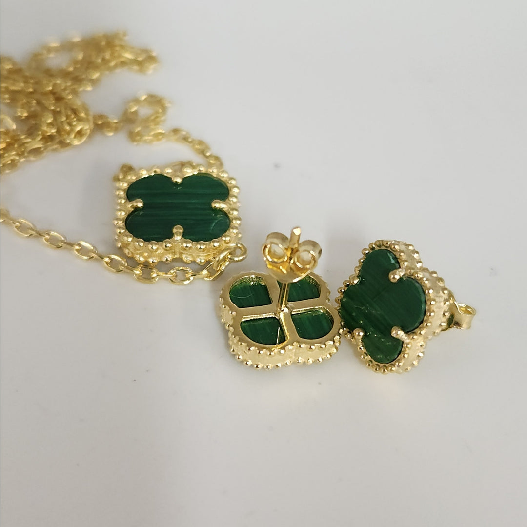 925 Silver Malachite Flowers Jewelry Set With Gold Tone Necklace And Earrings