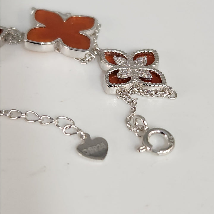 Pretty 925 Sterling Silver Red Clovers Floral bracelet 7.5 "