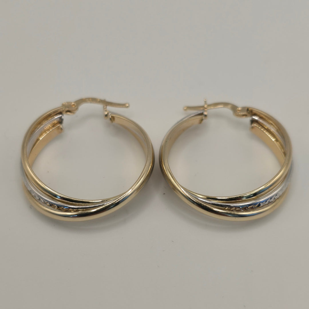14K Yellow Gold Two-Tone Textured Hoop Earrings 3.8g Classic Stylish Premium New