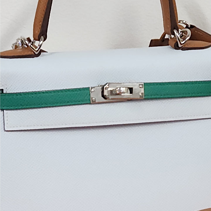 Hermès Kelly 25 Sellier Tri-Color Bleu Brume/Vert Jade/ Gold Epsom Leather Palladium Hardware/U Stamp 2022/Entrupy Authenticated