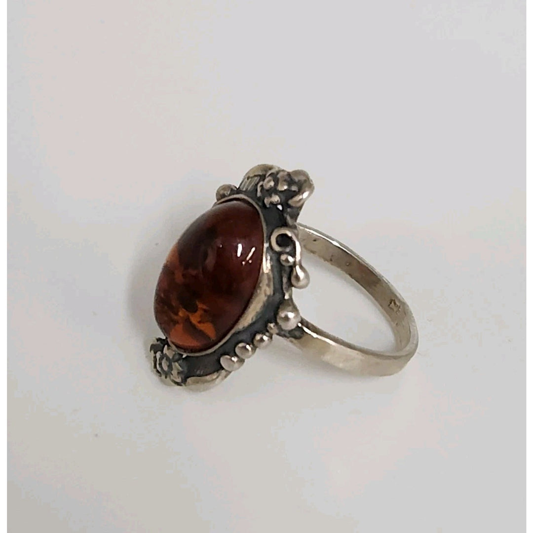 Vintage Sterling Silver Ornate Ring With Large Oval Amber Stone Handmade Floral