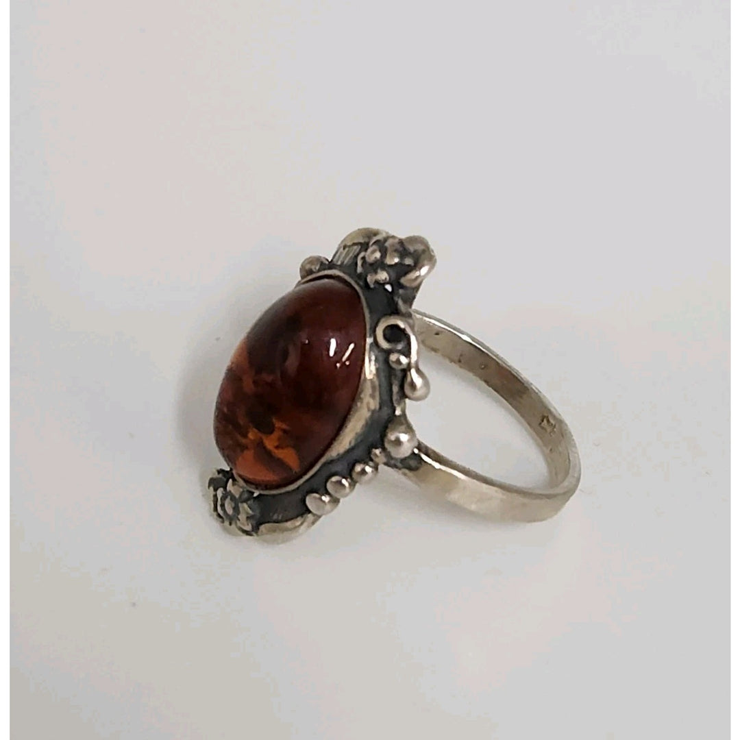 Vintage Sterling Silver Ornate Ring With Large Oval Amber Stone Handmade Floral