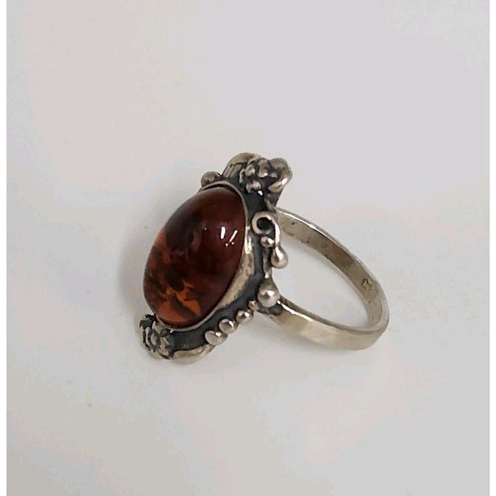 Vintage Sterling Silver Ornate Ring With Large Oval Amber Stone Handmade Floral