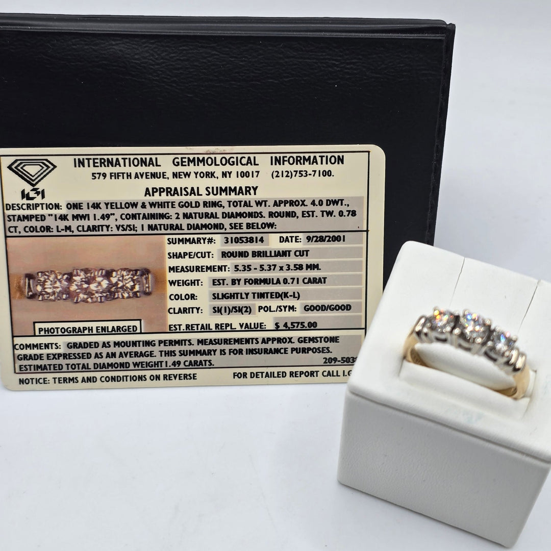 14K Two-Tone Gold 1.49 CTW Natural Diamond Three-Stone Ring 5.9g