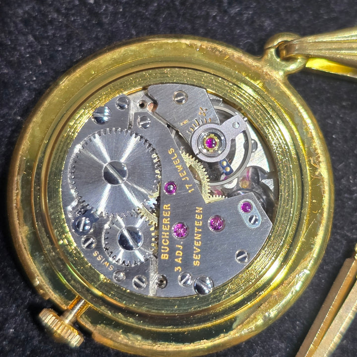 Vintage Bucherer 17 Jewel Swiss Red Enamel Pendant Watch w/ Chain