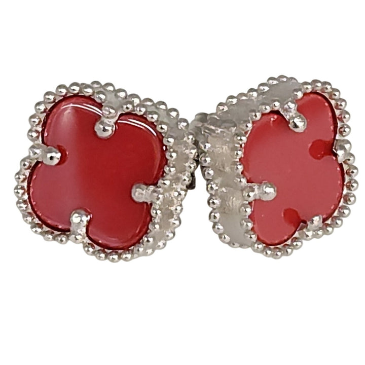 Fashion Silver Red Floral Stud Earrings