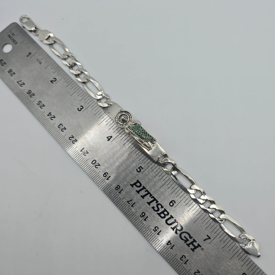 925 Sterling Silver Santa Muerte Bracelet Green Stones 20.6g Italy