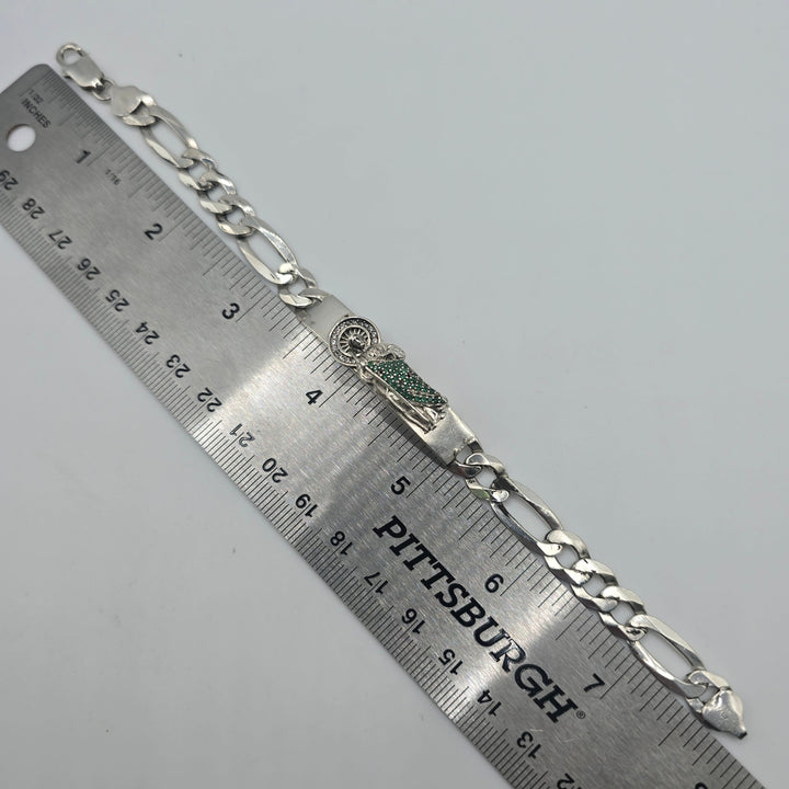 925 Sterling Silver Santa Muerte Bracelet Green Stones 20.6g Italy