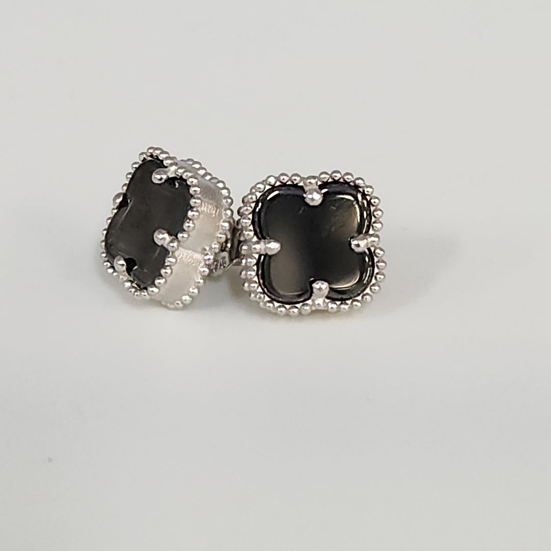 Fashion Silver Onyx Clover Motifs Stud Earrings