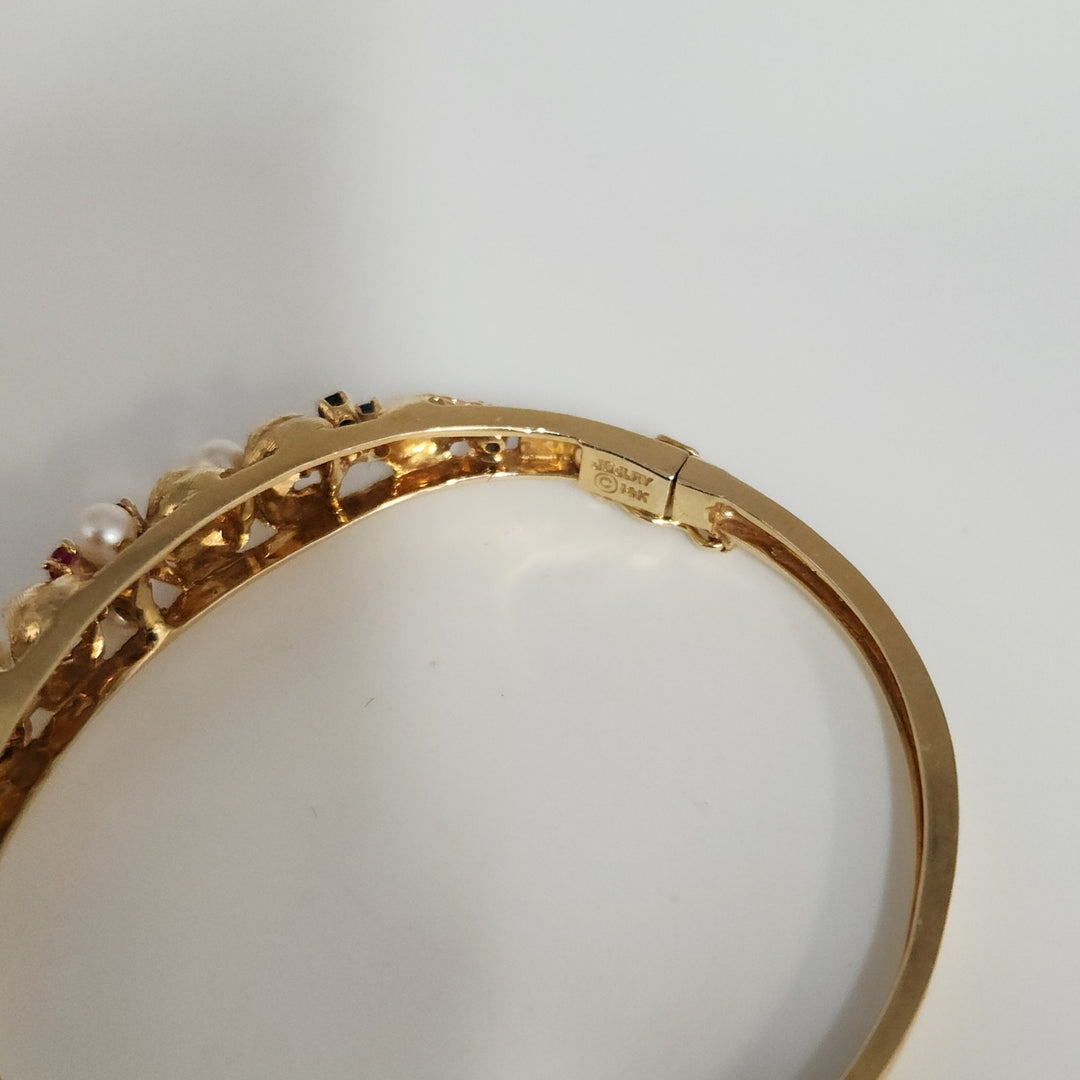 Antique 14k Yellow Gold Pearls,Ruby & Sapphire Bangle Bracelets