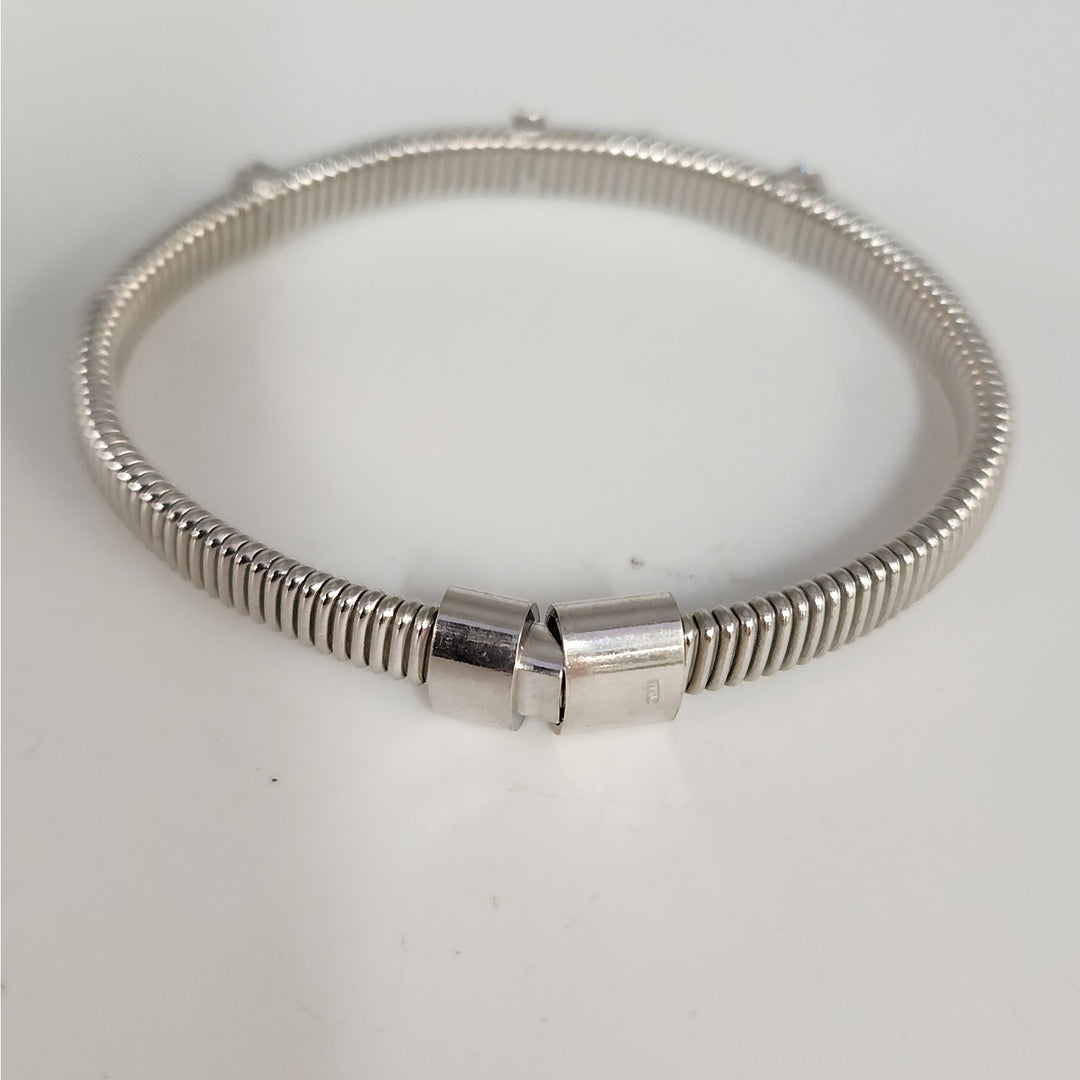 925 Sterling Silver Ribbed Cuff Bracelet with CZ Accents 7.2"