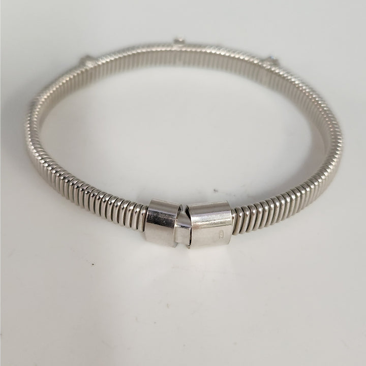 925 Sterling Silver Ribbed Cuff Bracelet with CZ Accents 7.2"
