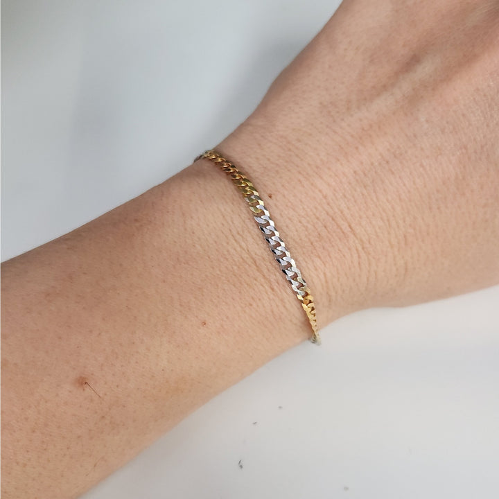 925 sterling silver Tri-color diamond cut link bracelet 7.5"