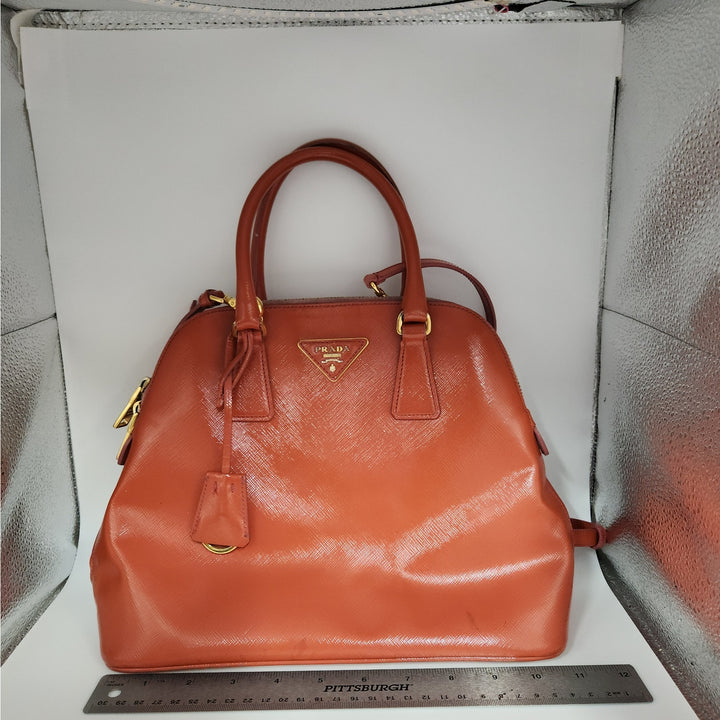 Authentic Prada Orange Saffiano Vernic Handbag w/ Gold Hardware & Shoulder Strap