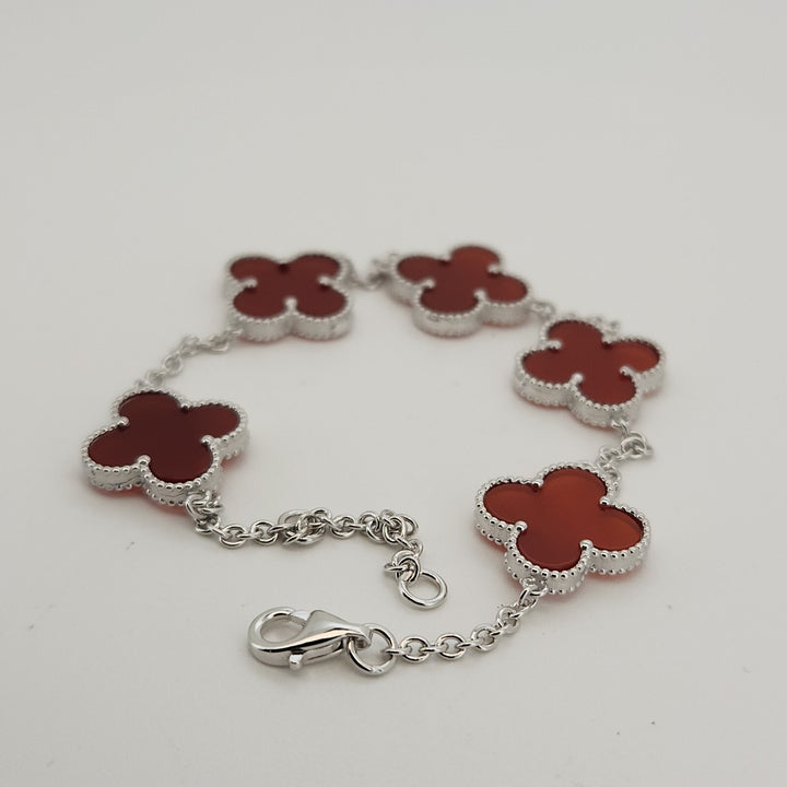 925 Sterling Silver Red Agate Flowers Bracelet 8.2"