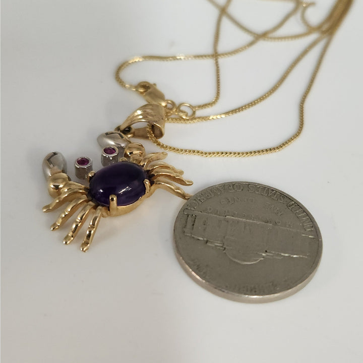 10K Yellow Gold Crab Pendant with purple Cabochon Pink Stone Accents with necklace 18"