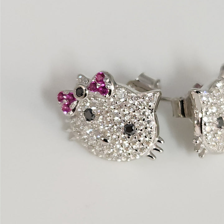 925 Sterling Silver Hello Kitty Style Earrings W/ CZ & Ruby Accent Sparkle Studs