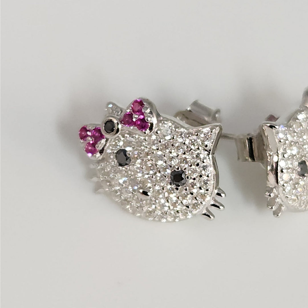 925 Sterling Silver Hello Kitty Style Earrings W/ CZ & Ruby Accent Sparkle Studs