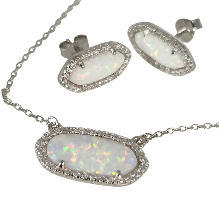 925 Sterling Silver simulated Opal & CZ jewelry set Necklace & Matching Earrings