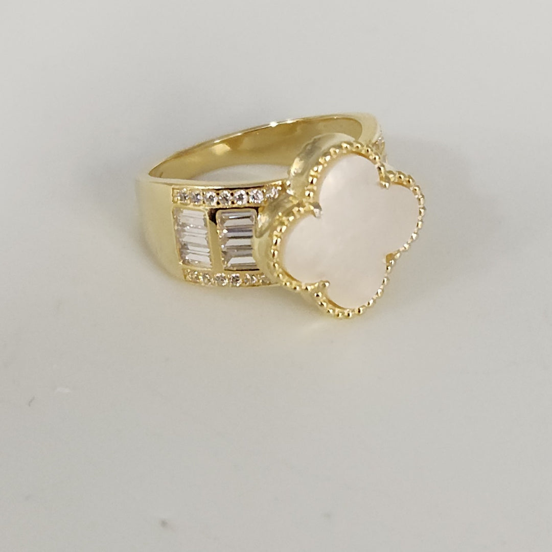 Gold Plated 925 Silver Clover Ring With White Mother Of Pearl Style Stone And...