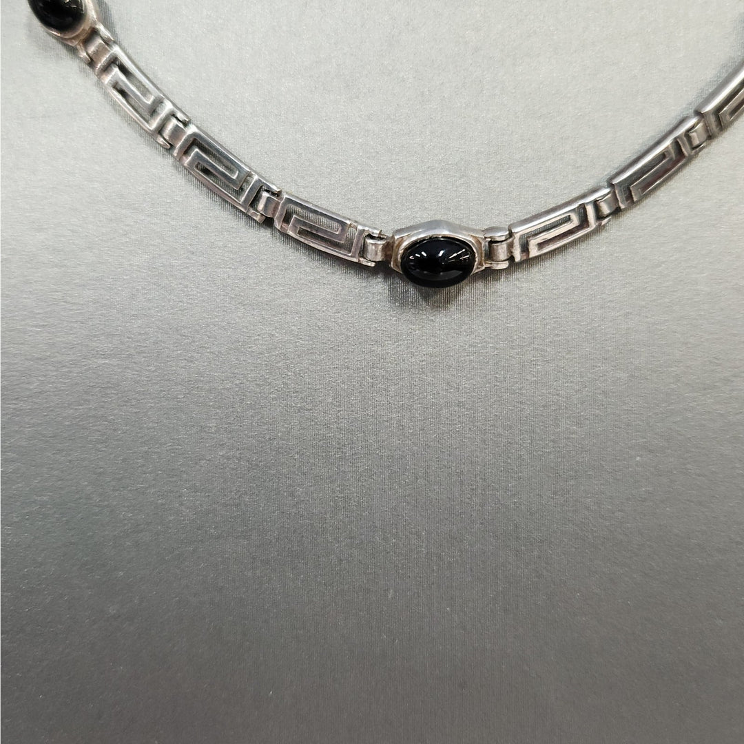 925 Sterling Silver Black Onyx Greek Key Link Necklace 16"