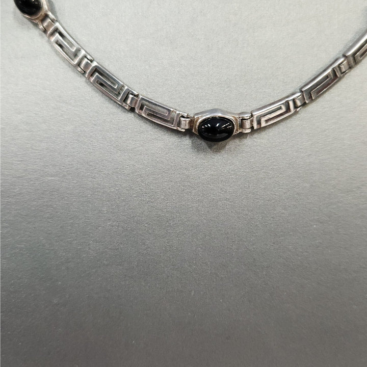 925 Sterling Silver Black Onyx Greek Key Link Necklace 16"