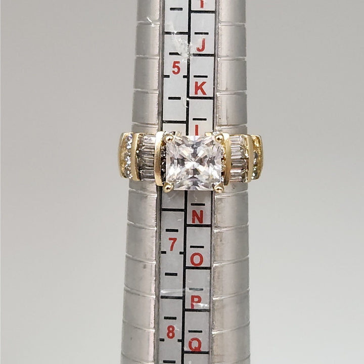 14k Yellow Gold Princess-Cut CZ Ring with Baguette Accents- Size 6