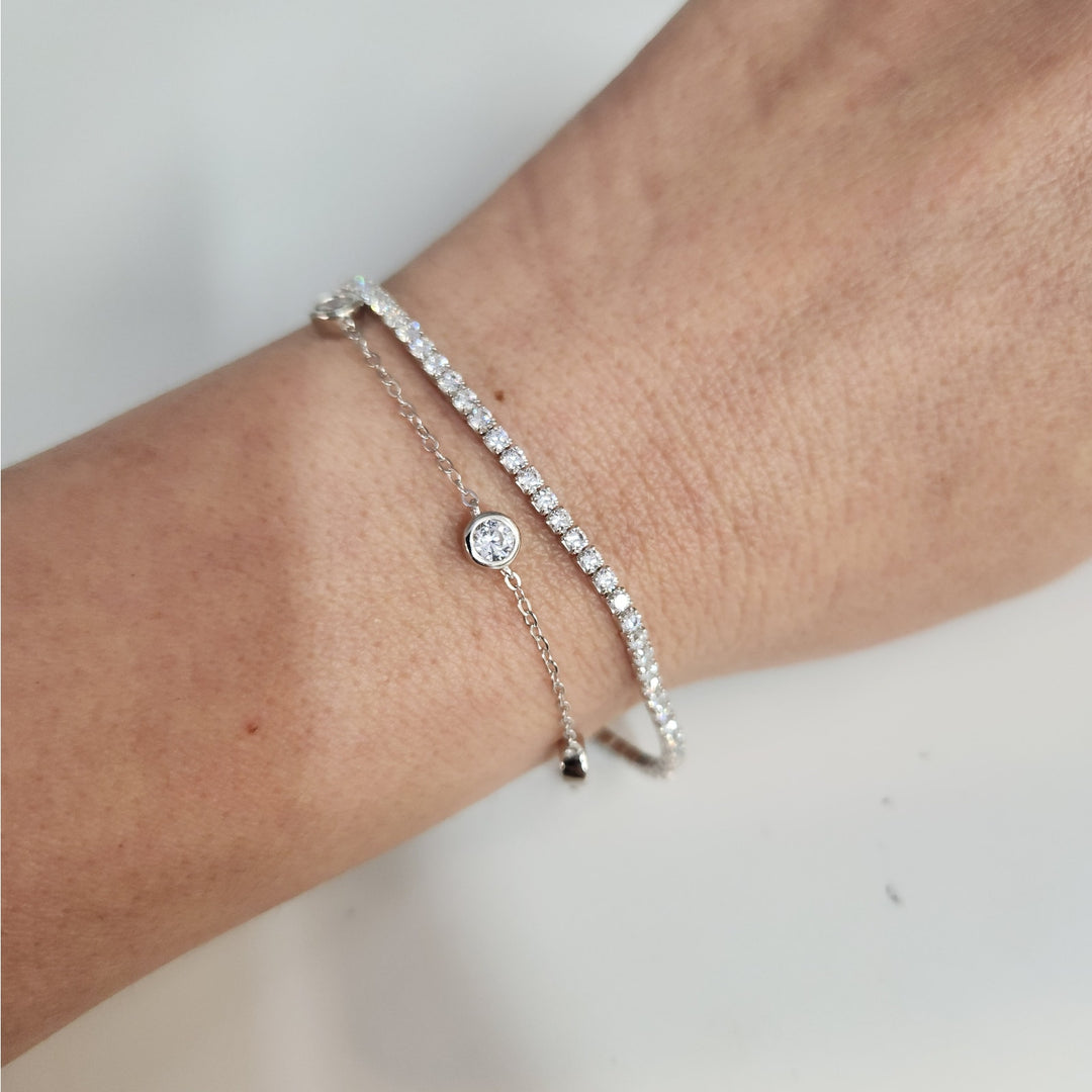 925 Sterling Silver Double layer Tennis & Bezel Set CZ bracelet 8"