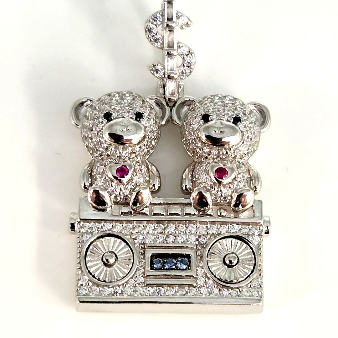 925 Sterling Silver Double Teddy Bear Pendant W/ CZ Accents And Dollar Sign Bail
