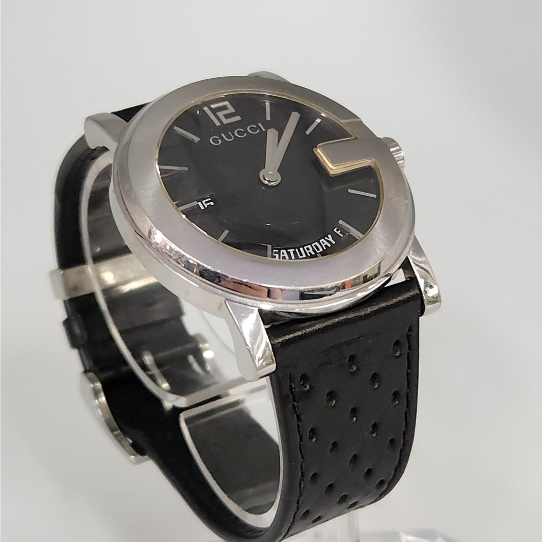 Gucci 101M  Day -Date Watch Black Dial Swiss Made Stainless Steel Leather Strap