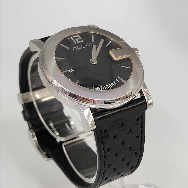 Gucci 101M  Day -Date Watch Black Dial Swiss Made Stainless Steel Leather Strap