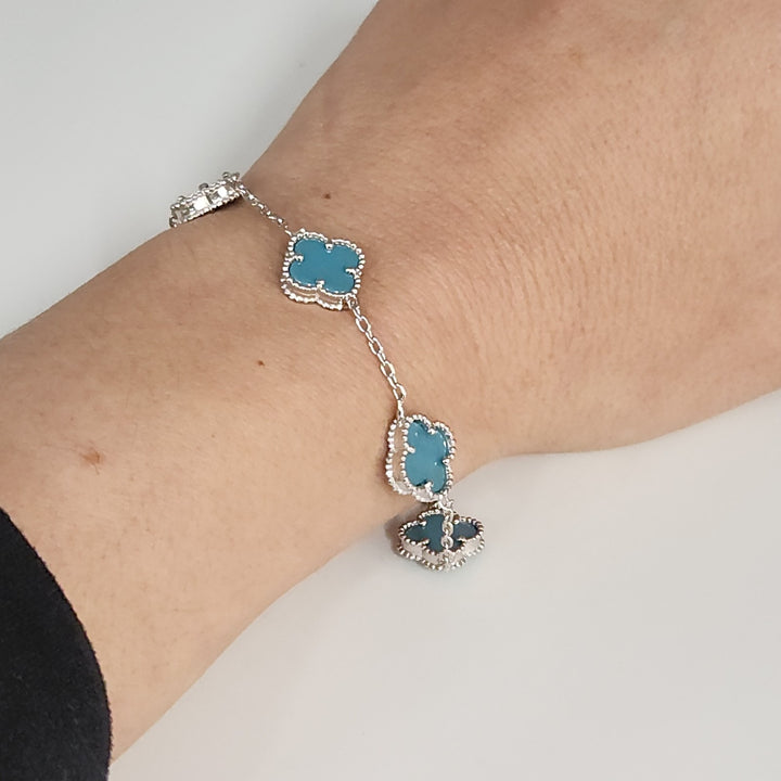 Fashion Silver Bracelet With Turquoise Floral Clover Links 7.5"