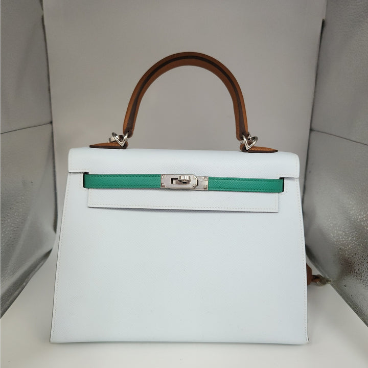Hermès Kelly 25 Sellier Tri-Color Bleu Brume/Vert Jade/ Gold Epsom Leather Palladium Hardware/U Stamp 2022/Entrupy Authenticated
