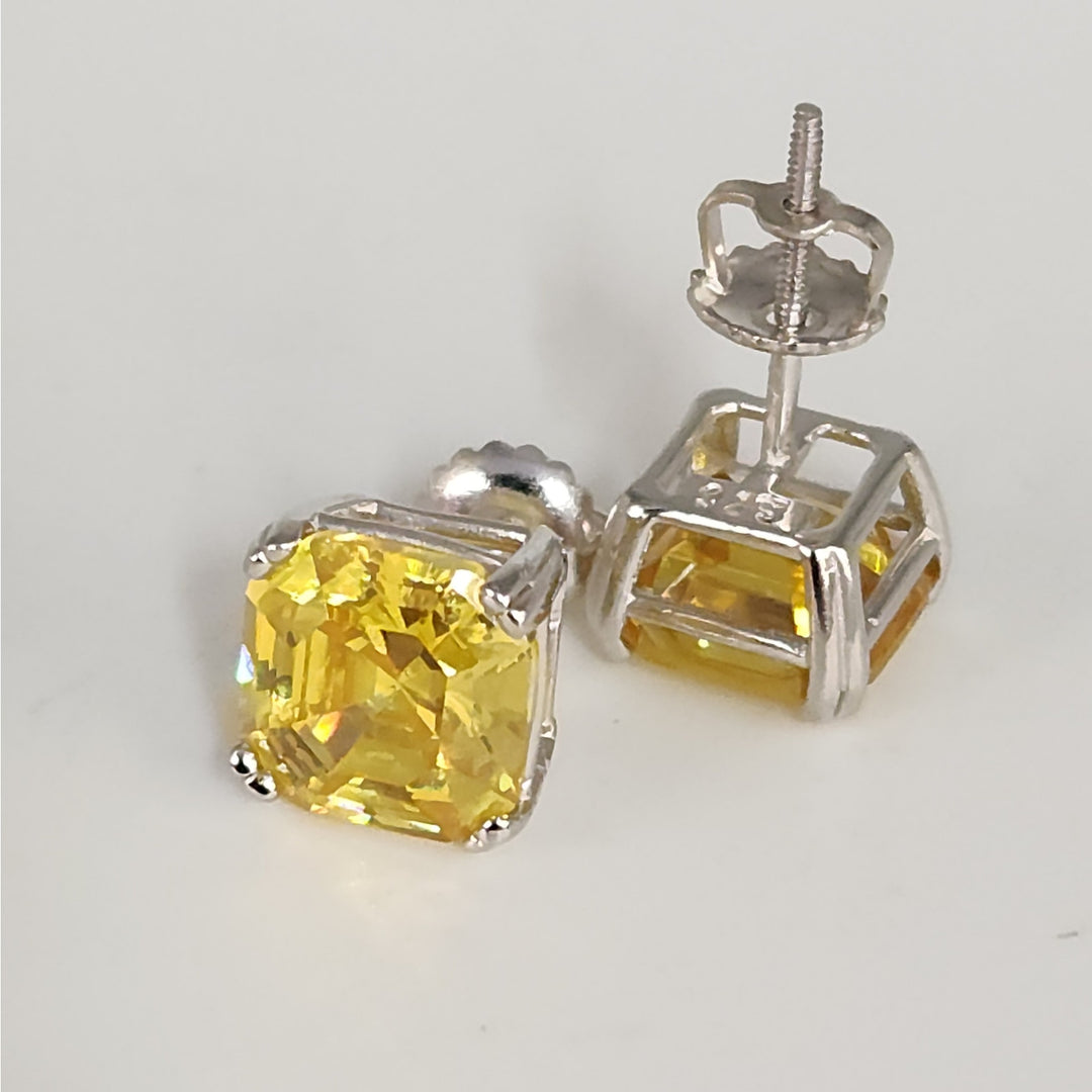 925 Sterling Silver Yellow Asscher Cut CZ stud Earrings