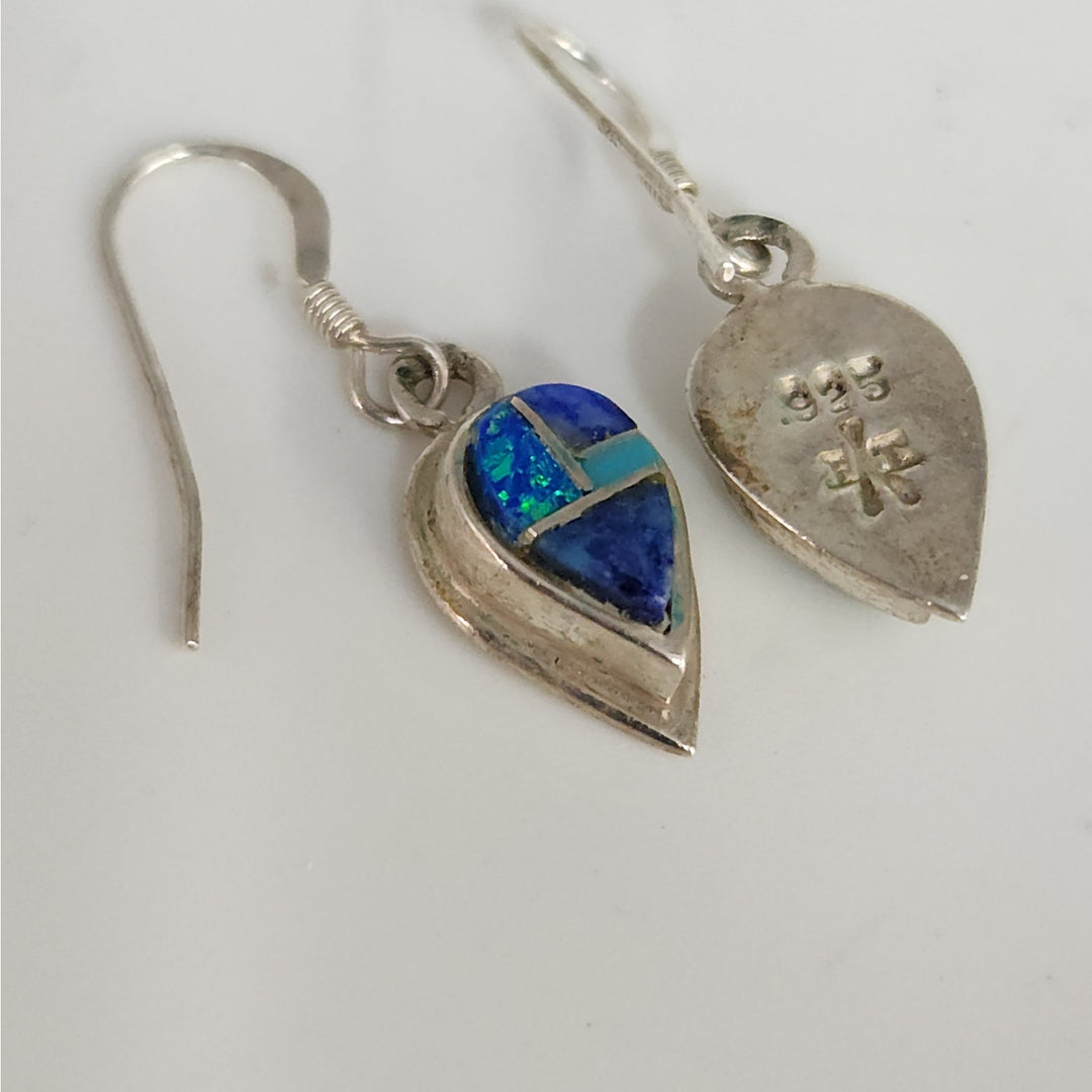 Vintage 925 Sterling Silver Blue Opal Turquoise Lapis Teardrop Dangle Earrings