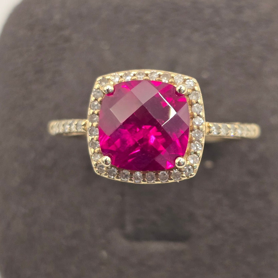 14K Gold Ruby & Diamond Halo Ring 3.0g Size 6.75 Cushion Cut Ring