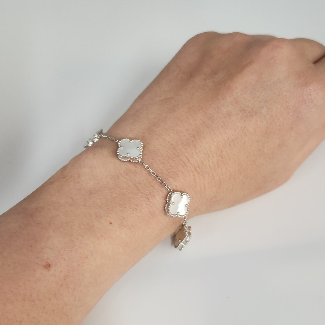 Fashion Silver Bracelet With Mother Of Pearl Floral Clover Links 7.5"