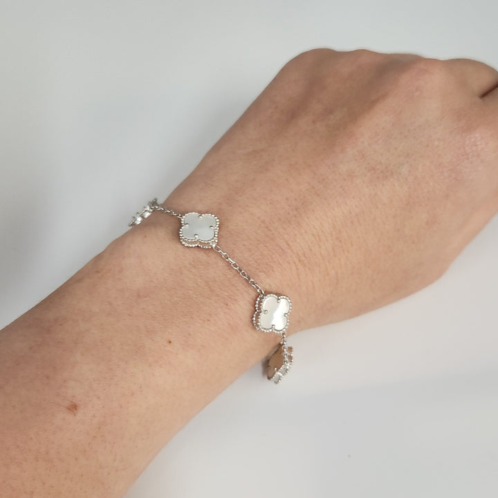 Fashion Silver Bracelet With Mother Of Pearl Floral Clover Links 7.5"
