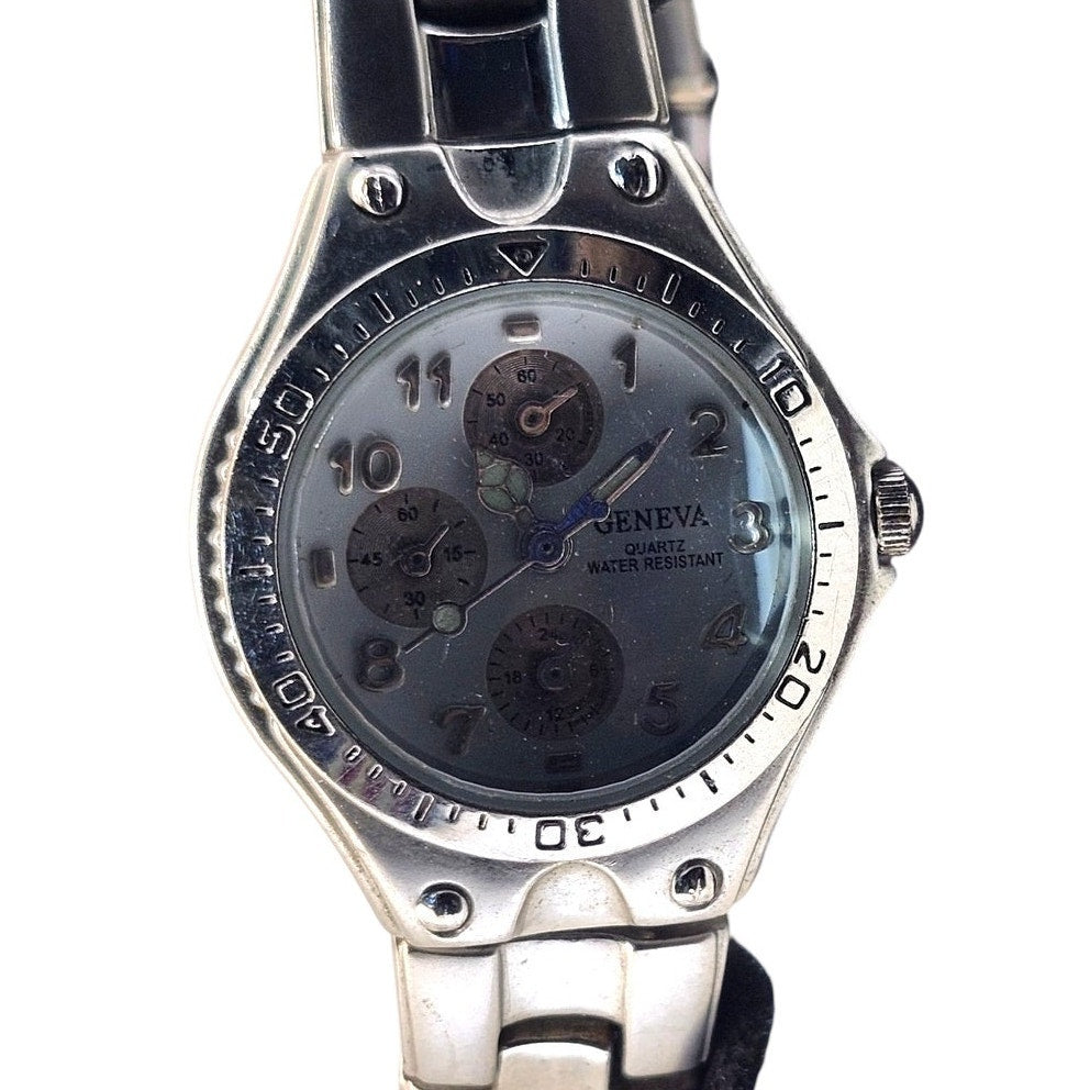 Geneva Men's Silver Tone Faux Chronograph Quartz Watch Blue Dial Link Bracelet