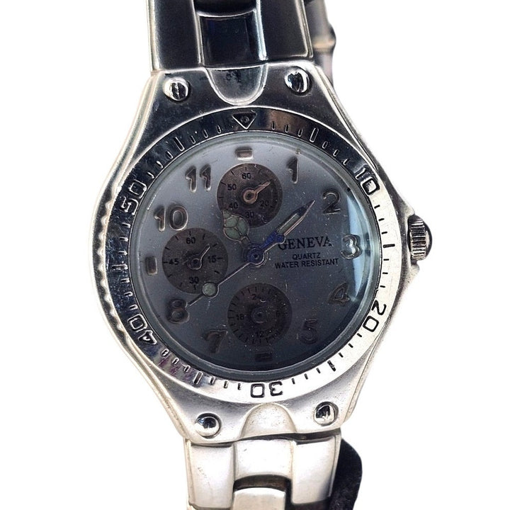 Geneva Men's Silver Tone Faux Chronograph Quartz Watch Blue Dial Link Bracelet