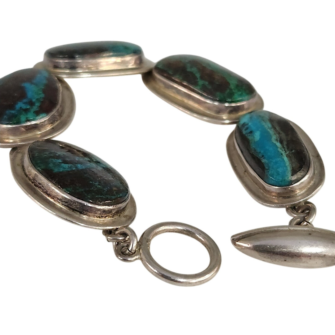 Vintage 925 Sterling Silver Natural Chrysocolla large Gemstones Bracelet 7.5" -68g