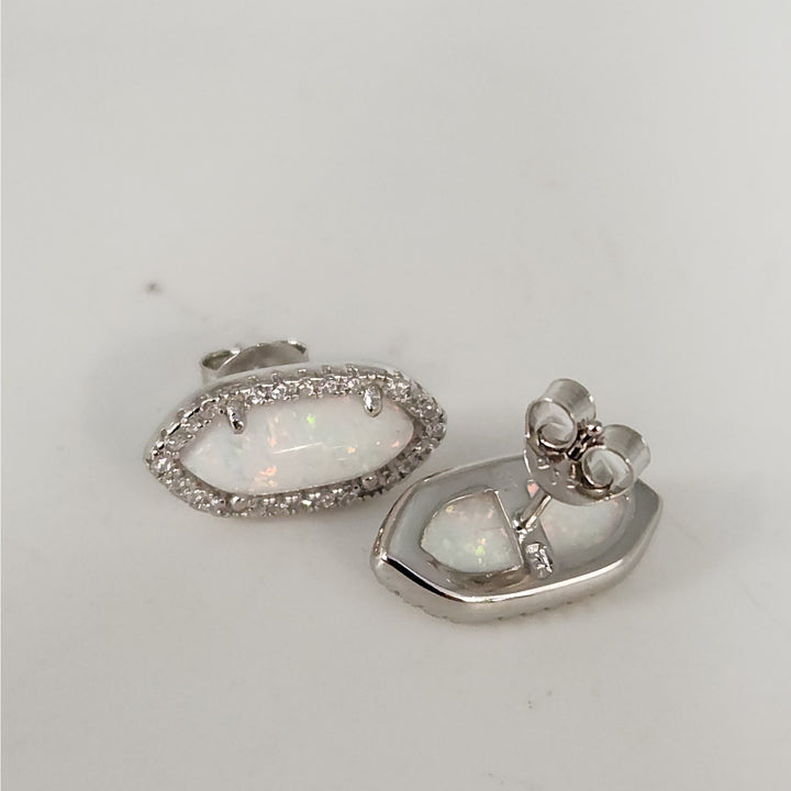 925 Sterling Silver simulated Opal & CZ jewelry set Necklace & Matching Earrings