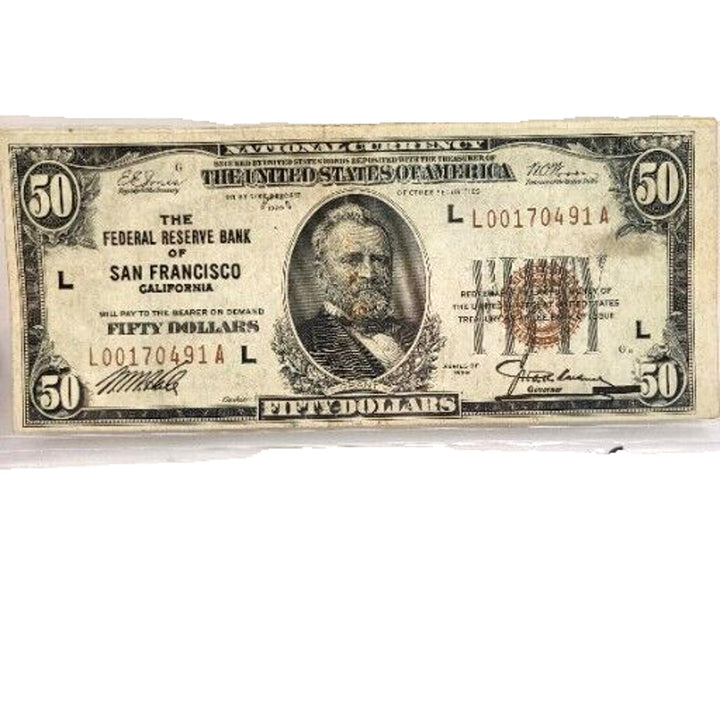 1929 $50 CURRENCY BANK NOTE THE FEDERAL RESERVE BANK of SAN FRANCISCO CA.